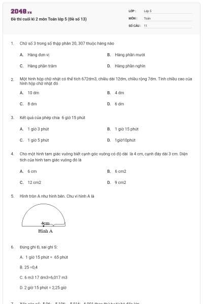 Đề thi cuối kì 2 môn Toán lớp 5 (Đề số 13)