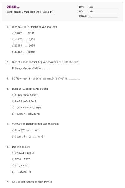 Đề thi cuối kì 2 môn Toán lớp 5 (Đề số 14)