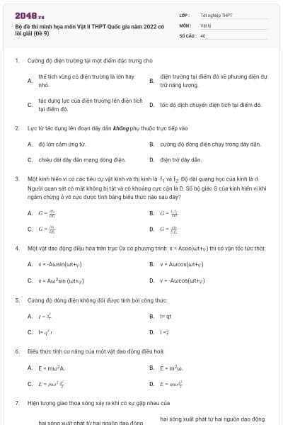 Bộ đề thi minh họa môn Vật lí THPT Quốc gia năm 2022 có lời giải (Đề 9)