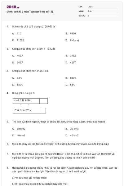 Đề thi cuối kì 2 môn Toán lớp 5 (Đề số 15)
