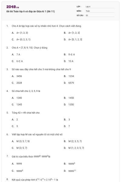 Đề thi Toán lớp 6 có đáp án Giữa kì 1 (Đề 11)