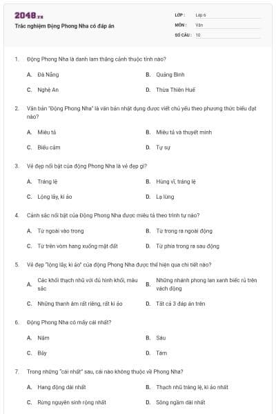 Trắc nghiệm Động Phong Nha có đáp án