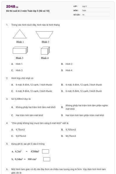 Đề thi cuối kì 2 môn Toán lớp 5 (Đề số 18)
