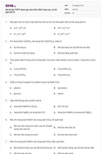Đề thi thử THPT Quốc gia môn Hóa 2022 chọn lọc, có lời giải (Đề 9)