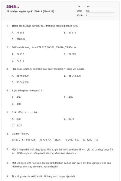 Đề thi định kì giữa học kì I Toán 4 (Đề số 17)