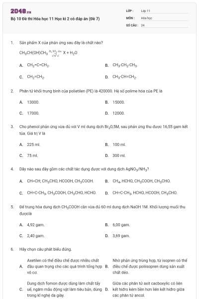 Bộ 10 Đề thi Hóa học 11 Học kì 2 có đáp án (Đề 7)