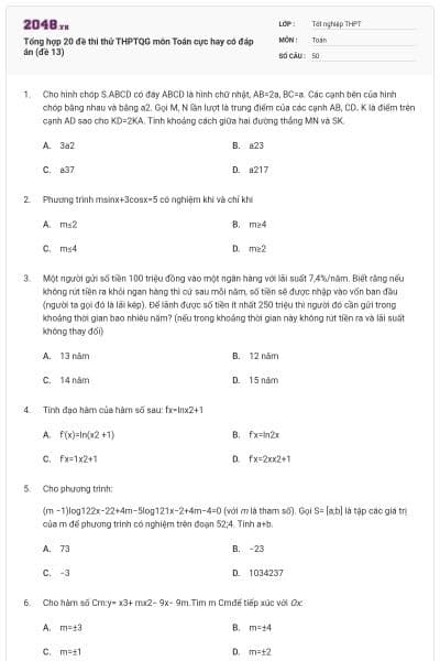 Tổng hợp 20 đề thi thử THPTQG môn Toán cực hay có đáp án (đề 13)