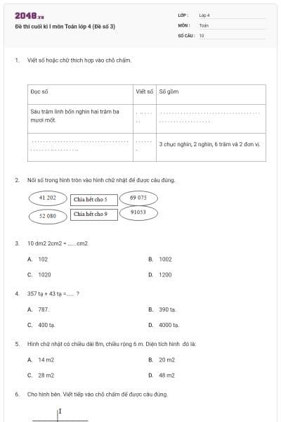 Đề thi cuối kì I môn Toán lớp 4 (Đề số 3)