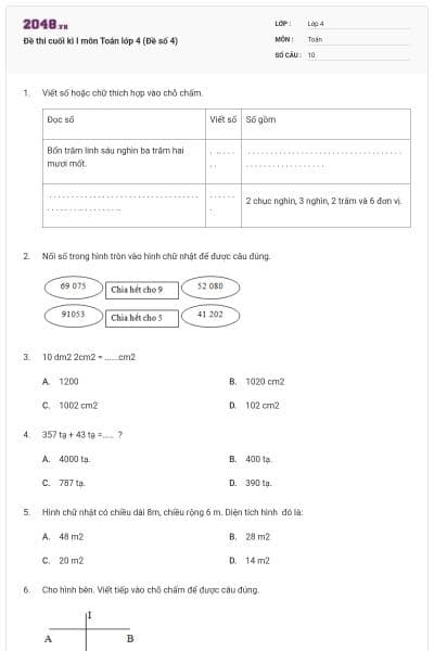 Đề thi cuối kì I môn Toán lớp 4 (Đề số 4)