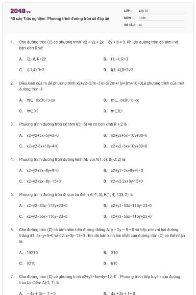 40 câu  Trắc nghiệm: Phương trình đường tròn có đáp án