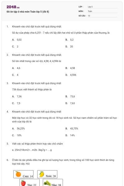 Đề ôn tập ở nhà môn Toán lớp 5 (đề 8)