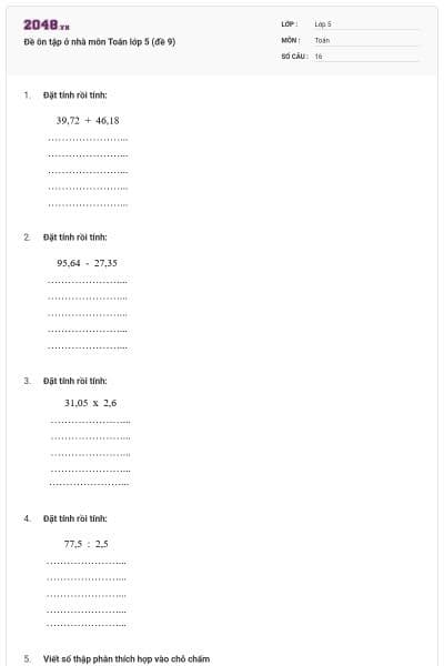 Đề ôn tập ở nhà môn Toán lớp 5 (đề 9)