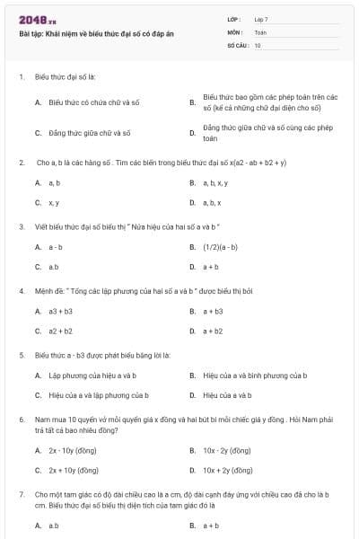 Bài tập: Khái niệm về biểu thức đại số có đáp án