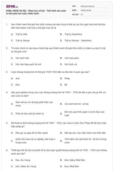ĐGNL ĐHQG Hà Nội - Khoa học xã hội - Tình hình các nước tư bản giữa hai cuộc chiến tranh