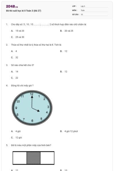 Đề thi cuối học kì II Toán 3 (Đề 27)