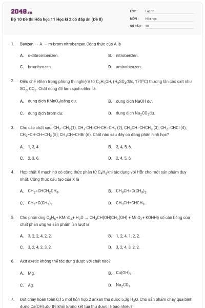 Bộ 10 Đề thi Hóa học 11 Học kì 2 có đáp án  (Đề 8)