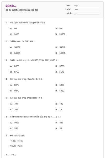 Đề thi cuối học kì II Toán 3 (Đề 29)