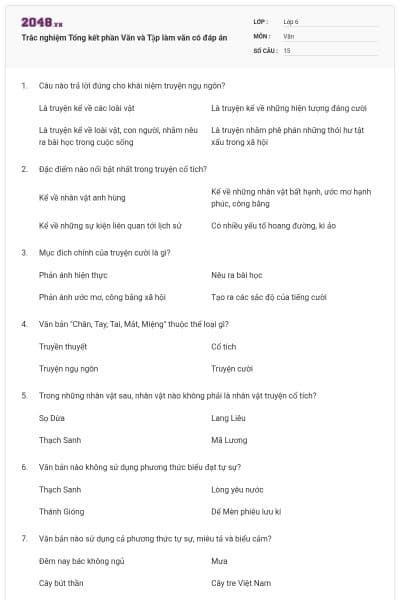 Trắc nghiệm Tổng kết phần Văn và Tập làm văn có đáp án
