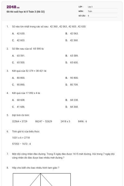 Đề thi cuối học kì II Toán 3 (Đề 32)