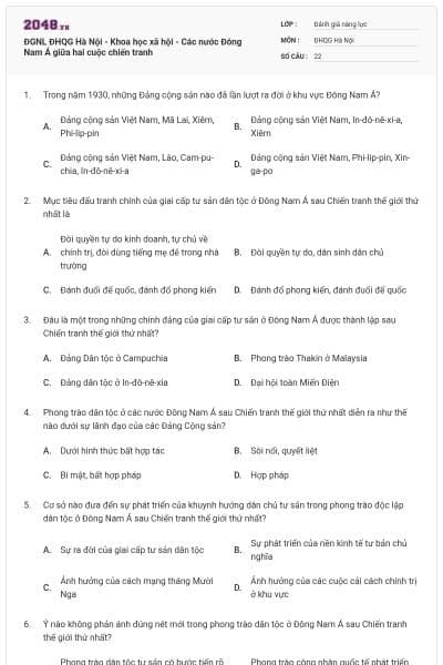 ĐGNL ĐHQG Hà Nội - Khoa học xã hội - Các nước Đông Nam Á giữa hai cuộc chiến tranh