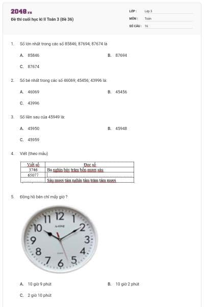Đề thi cuối học kì II Toán 3 (Đề 36)