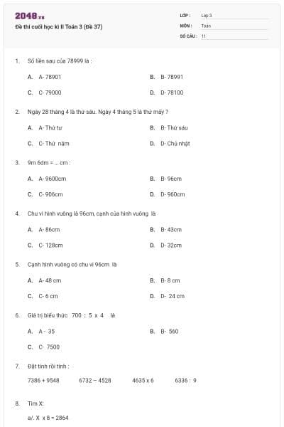 Đề thi cuối học kì II Toán 3 (Đề 37)