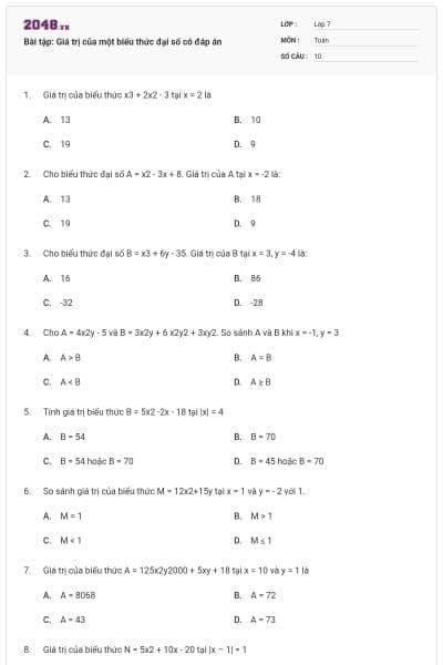 Bài tập: Giá trị của một biểu thức đại số có đáp án