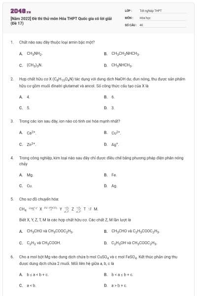 [Năm 2022] Đề thi thử môn Hóa THPT Quốc gia có lời giải (Đề 17)