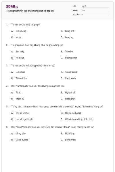 Trắc nghiệm: Ôn tập phần tiếng việt có đáp án