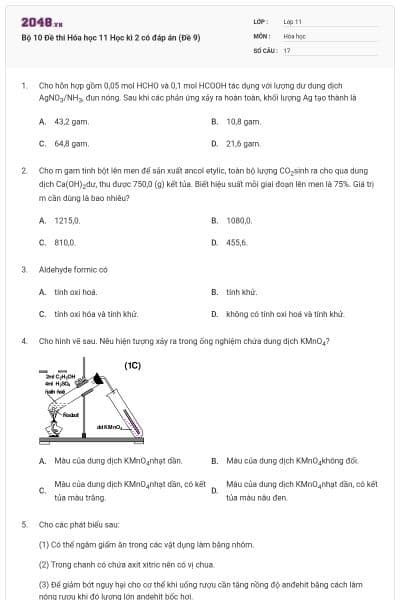 Bộ 10 Đề thi Hóa học 11 Học kì 2 có đáp án  (Đề 9)