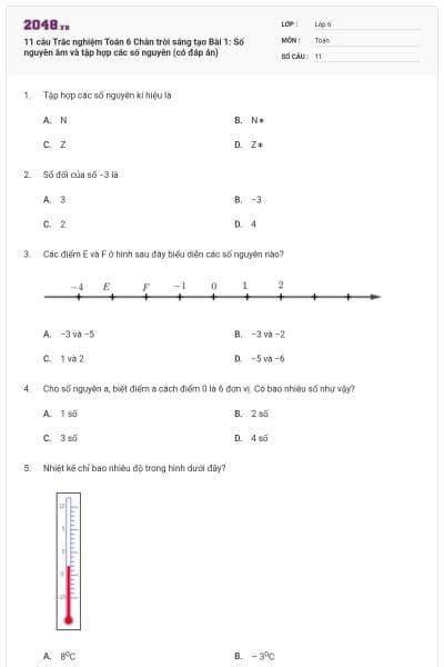 11 câu Trắc nghiệm Toán 6 Chân trời sáng tạo Bài 1: Số nguyên âm và tập hợp các số nguyên (có đáp án)