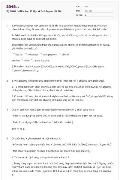 Bộ 10 Đề thi Hóa học 11 Học kì 2 có đáp án (Đề 10)