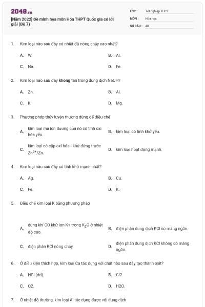 [Năm 2022] Đề minh họa môn Hóa THPT Quốc gia có lời giải (Đề 7)