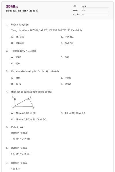 Đề thi cuối kì I Toán 4 (đề số 1)