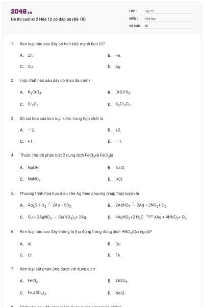 Đề thi cuối kì 2 Hóa 12 có đáp án (Đề 10)