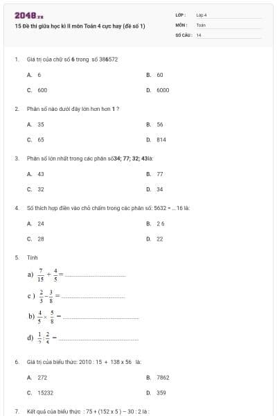 15 Đề thi giữa học kì II môn Toán 4 cực hay (đề số 1)