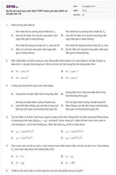 Bộ đề thi minh họa môn Vật lí THPT Quốc gia năm 2022 có lời giải (Đề 12)