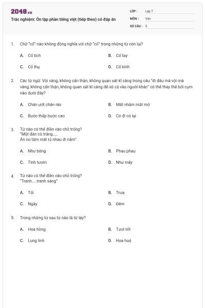 Trắc nghiệm: Ôn tập phần tiếng việt (tiếp theo) có đáp án