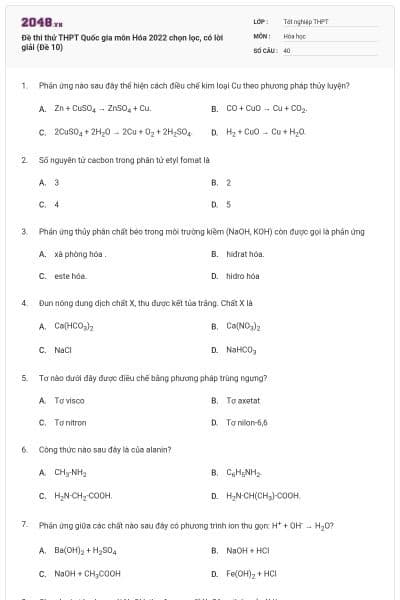 Đề thi thử THPT Quốc gia môn Hóa  2022 chọn lọc, có lời giải (Đề 10)