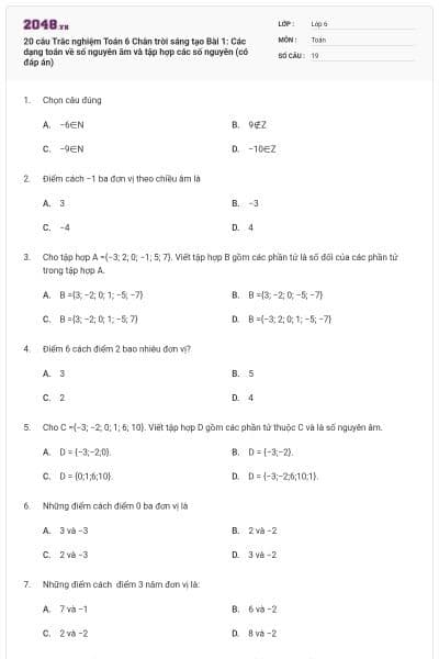 20 câu Trắc nghiệm Toán 6 Chân trời sáng tạo Bài 1: Các dạng toán về số nguyên âm và tập hợp các số nguyên (có đáp án)