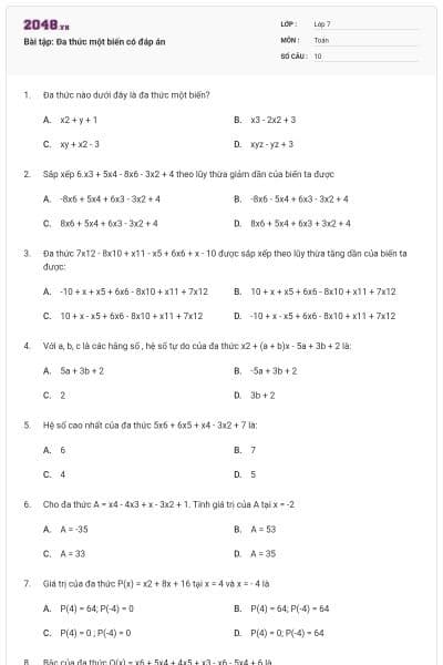 Bài tập: Đa thức một biến có đáp án