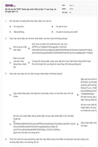 Bộ đề ôn thi THPT Quốc gia môn Vật Lý lớp 11 cực hay, có lời giải (Đề 11)