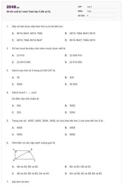 Đề thi cuối kì I môn Toán lớp 4 (Đề số 6)