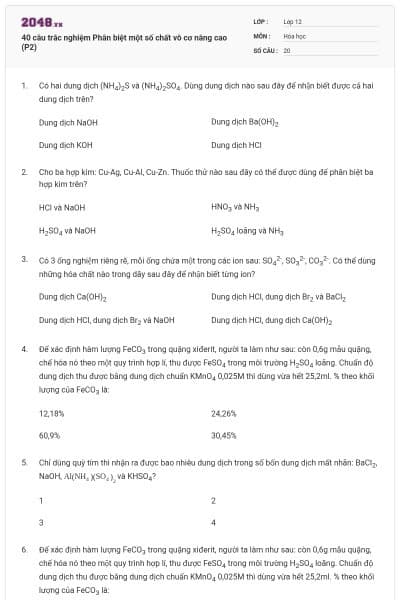 40 câu trắc nghiệm Phân biệt một số chất vô cơ nâng cao (P2)