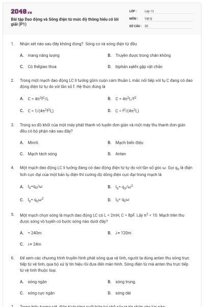 Bài tập Dao động và Sóng điện từ mức độ thông hiểu có lời giải (P1)