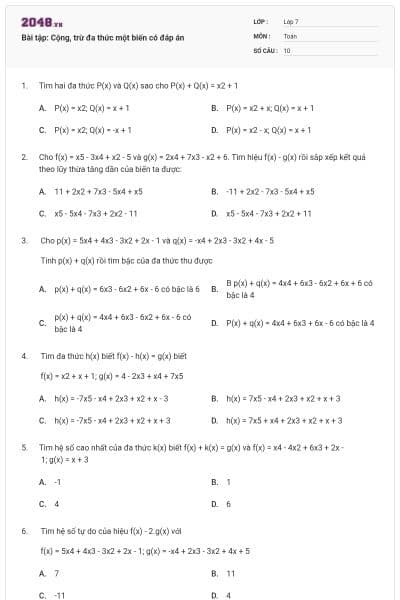 Bài tập: Cộng, trừ đa thức một biến có đáp án