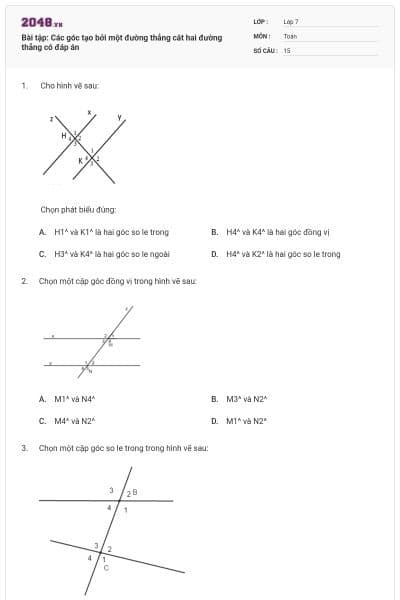Bài tập: Các góc tạo bởi một đường thẳng cắt hai đường thẳng có đáp án