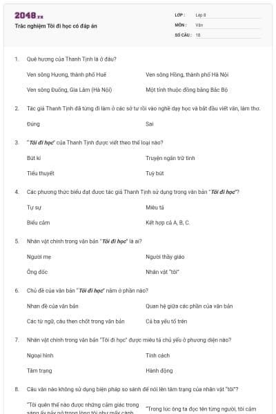 Trắc nghiệm Tôi đi học có đáp án