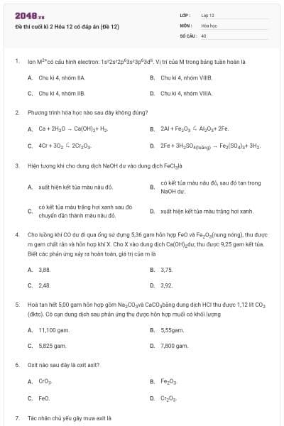 Đề thi cuối kì 2 Hóa 12 có đáp án (Đề 12)