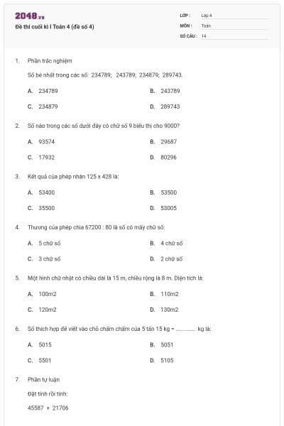 Đề thi cuối kì I Toán 4 (đề số 4)